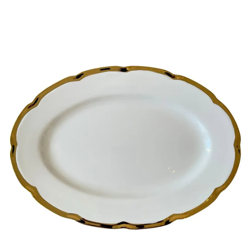 Yedi White Oval Serving Platter 14in Ceramic Gold Rim New